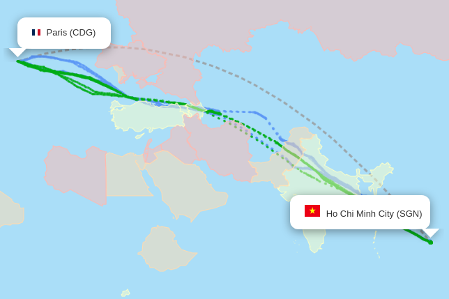 Actual flight paths from Paris to Ho Chi Minh City - flightpaths.com