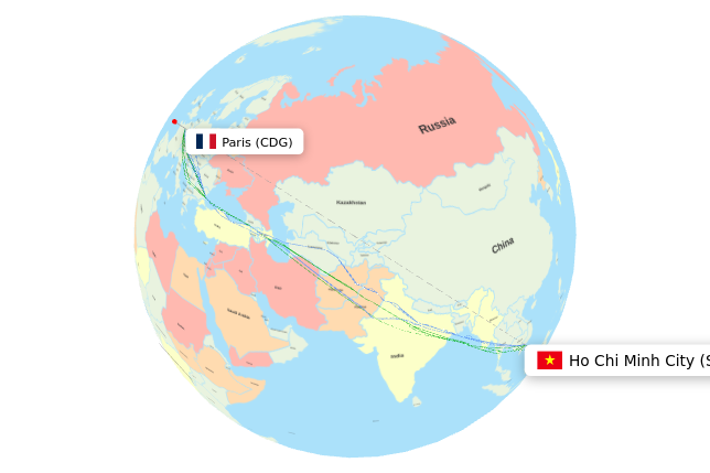 Actual flight paths from Paris to Ho Chi Minh City - flightpaths.com
