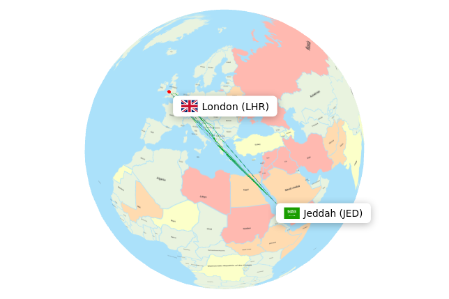 Jed Ruh Map Actual flight paths from Jeddah to London - flightpaths.com