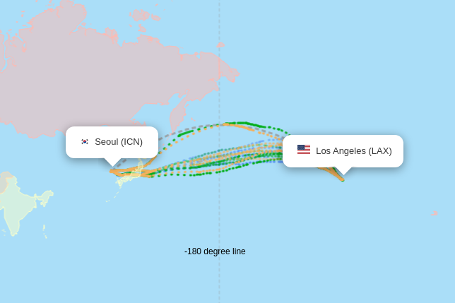 Actual flight paths from Los Angeles to Seoul - flightpaths.com