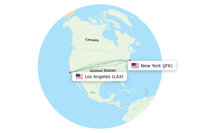 Actual flight paths from Los Angeles to New York - flightpaths.com
