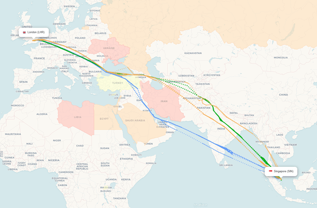 Actual flight paths from Singapore to London - flightpaths.com